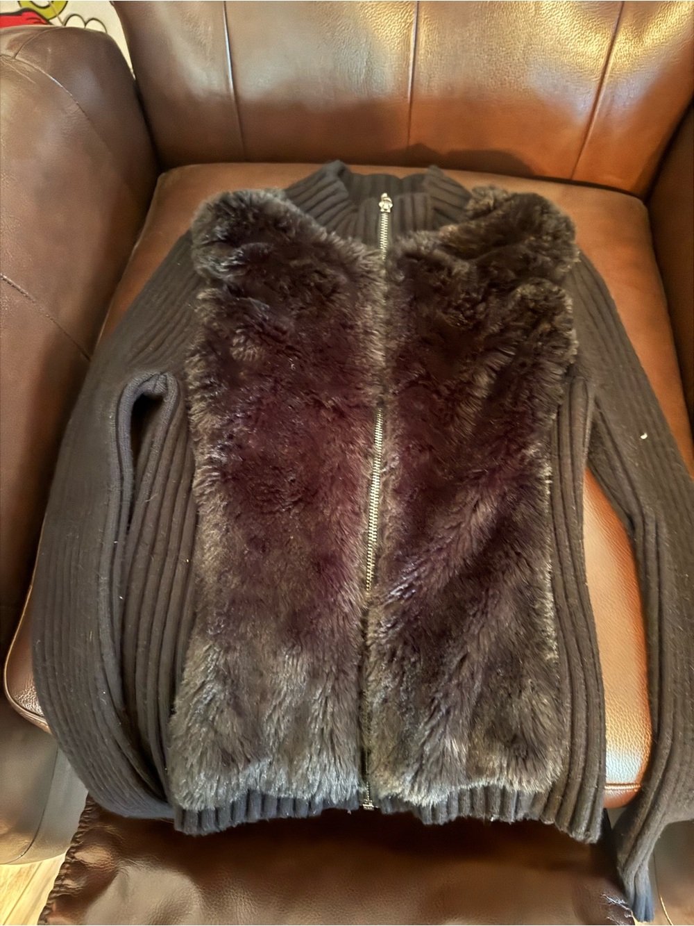 Guess Black Ribbed Zip-Front Sweater with Faux Fur Panel